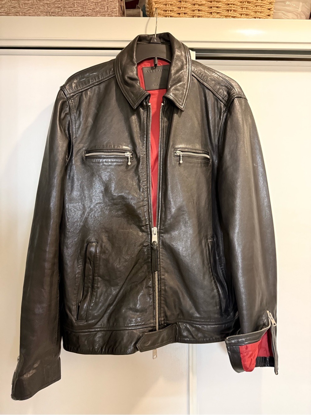 AllSaints Black Leather Bomber Jacket with Red Lining
